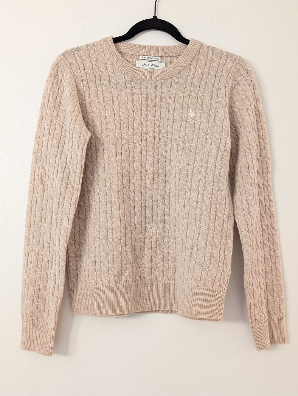 Jack Wills Cream Cable Knit Pure Merino Wool Crewneck Sweater Size US 6 / UK 10